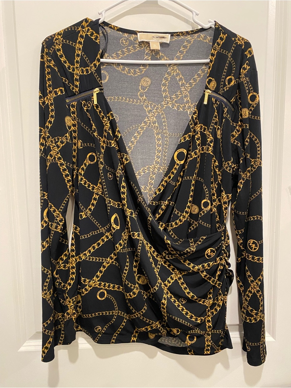 Michael Kors Black and Gold Chain-Print Draped Long-Sleeve Top